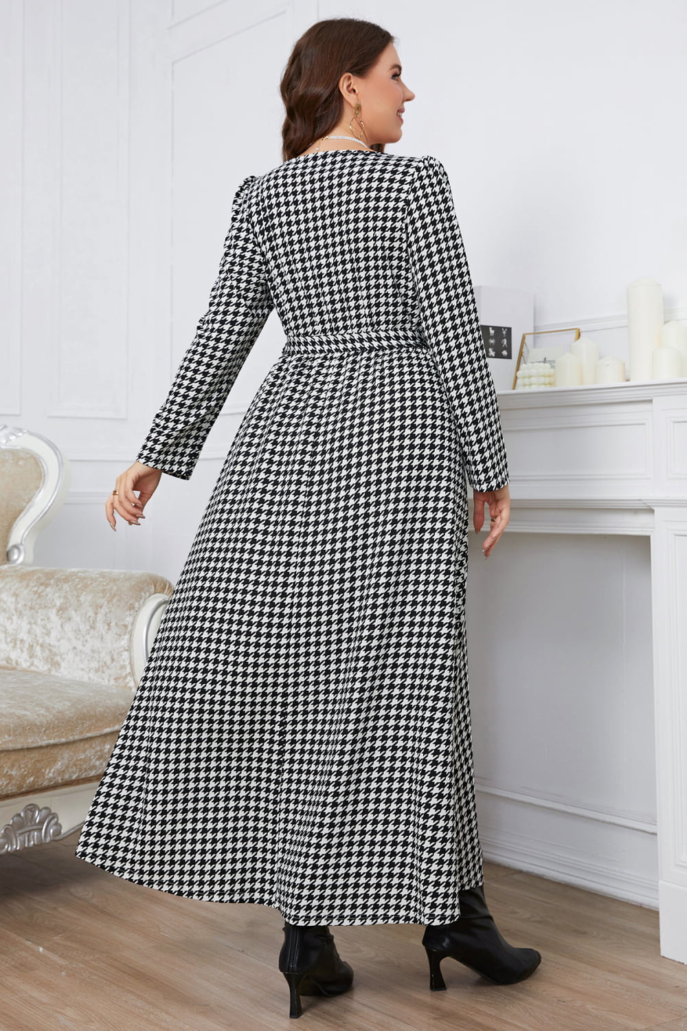 Plus Size Notched Neck Houndstooth Tie Belt Maxi Dress