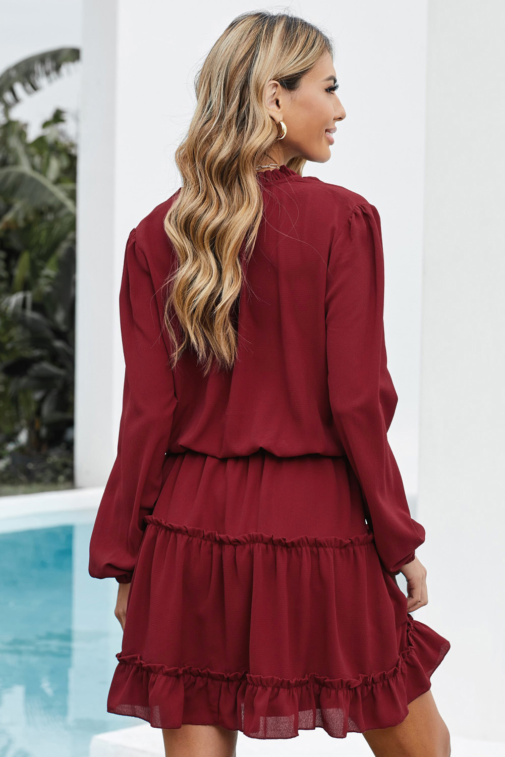 V Neck Long Sleeve Ruffle Tiered Mini Dress Kiwidrop