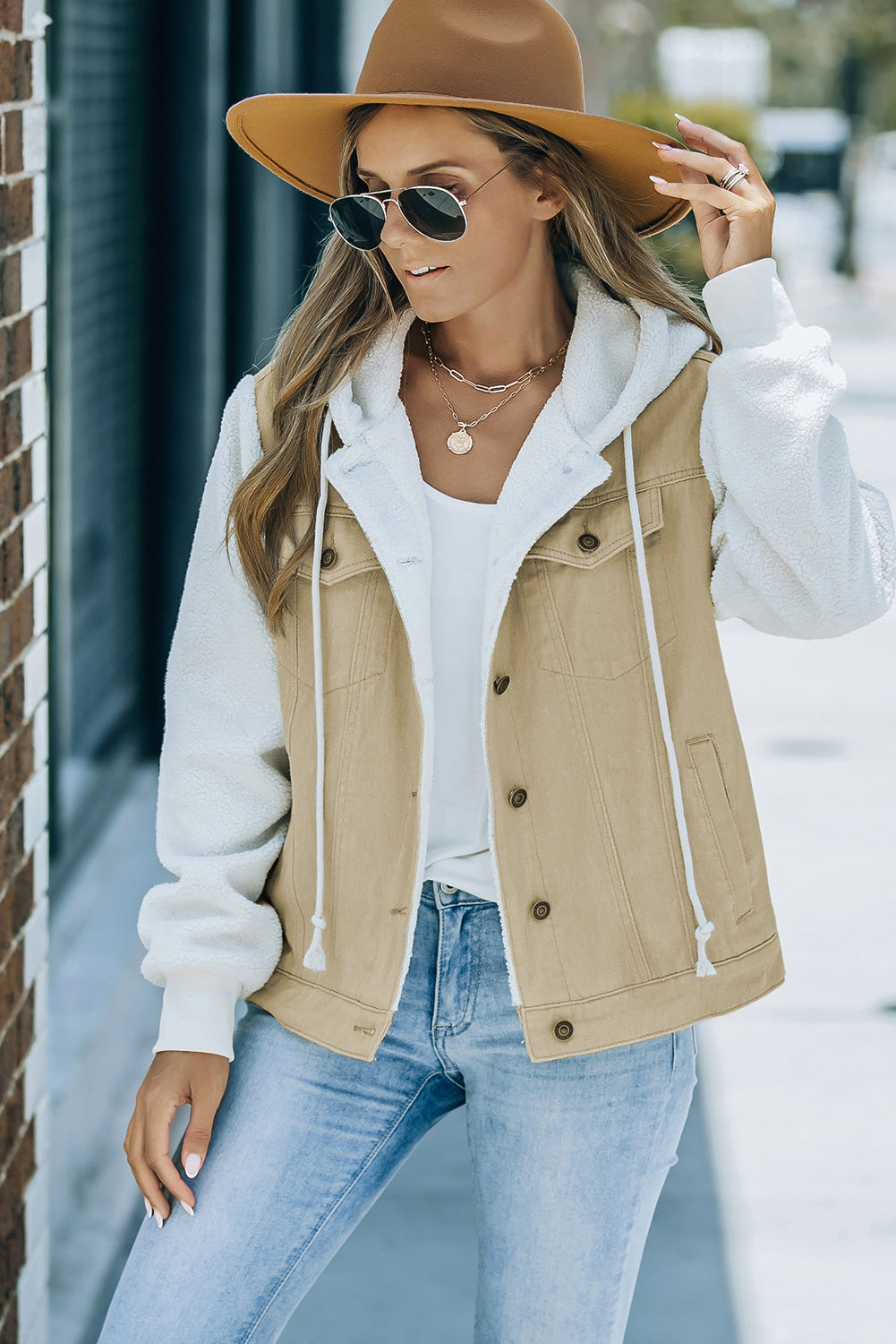 Two-Tone Spliced Denim Sherpa Hooded Jacket Trendsi