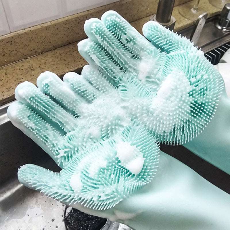 1Pair Silicone Cleaning Gloves Kitchen Silicone Dish Washing Glove for Household Scrubber Rubber Kitchen Clean Tool - DunbiBeauty, LLC