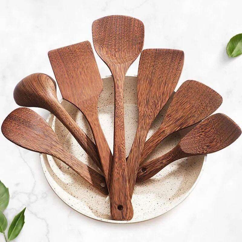 1PC Thailand Teak Natural Wood Spoon Tableware Spoon Frying Pan Scoop Cooking Utensils Fried Shovel Spatula Kitchen Cooking Tool - DunbiBeauty, LLC