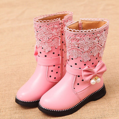 2020 New Winter Children's High Cotton-Padded Shoes Bow Pendant Lace Velvet Girls' Cotton Shoes Snow Boots - DunbiBeauty, LLC