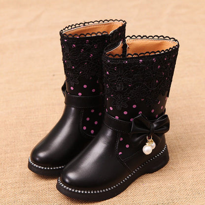 2020 New Winter Children's High Cotton-Padded Shoes Bow Pendant Lace Velvet Girls' Cotton Shoes Snow Boots - DunbiBeauty, LLC