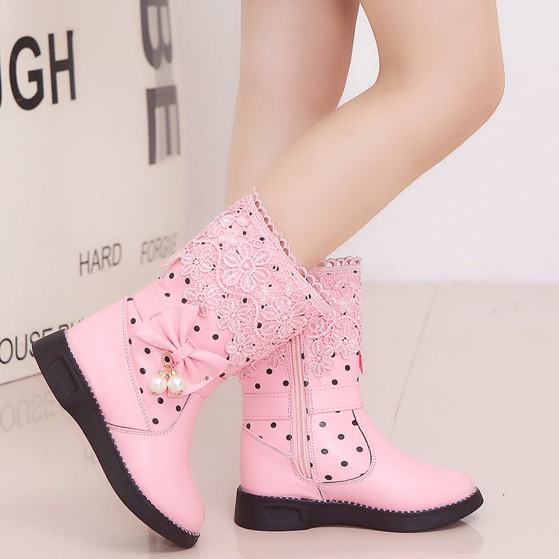 2020 New Winter Children's High Cotton-Padded Shoes Bow Pendant Lace Velvet Girls' Cotton Shoes Snow Boots - DunbiBeauty, LLC