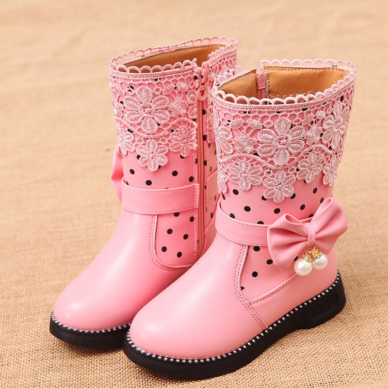 2020 New Winter Children's High Cotton-Padded Shoes Bow Pendant Lace Velvet Girls' Cotton Shoes Snow Boots - DunbiBeauty, LLC