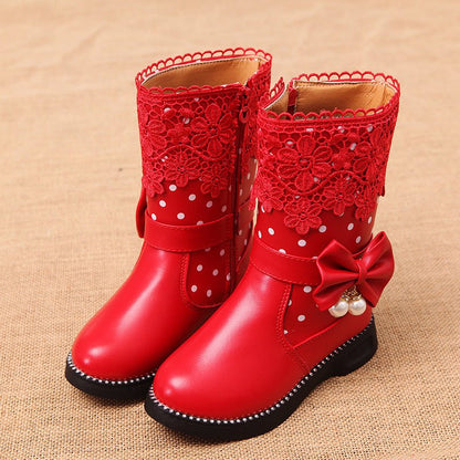 2020 New Winter Children's High Cotton-Padded Shoes Bow Pendant Lace Velvet Girls' Cotton Shoes Snow Boots - DunbiBeauty, LLC