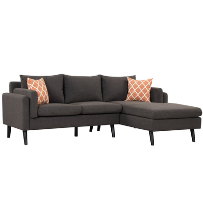 84.65&quot; Modern Upholstered L-Shape Sofa Couch with Chaise and 2 Pillows,3-Seater Couch with rubber wood legs for Living Room,Apartment,Small Space,Black Brown