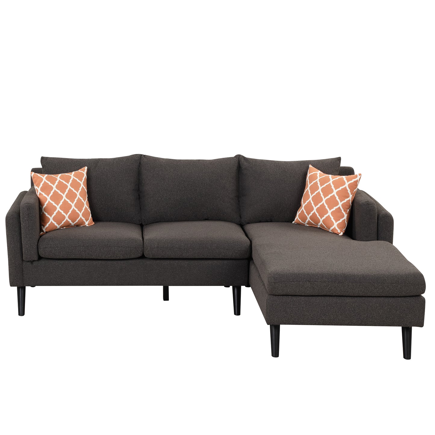 84.65&quot; Modern Upholstered L-Shape Sofa Couch with Chaise and 2 Pillows,3-Seater Couch with rubber wood legs for Living Room,Apartment,Small Space,Black Brown