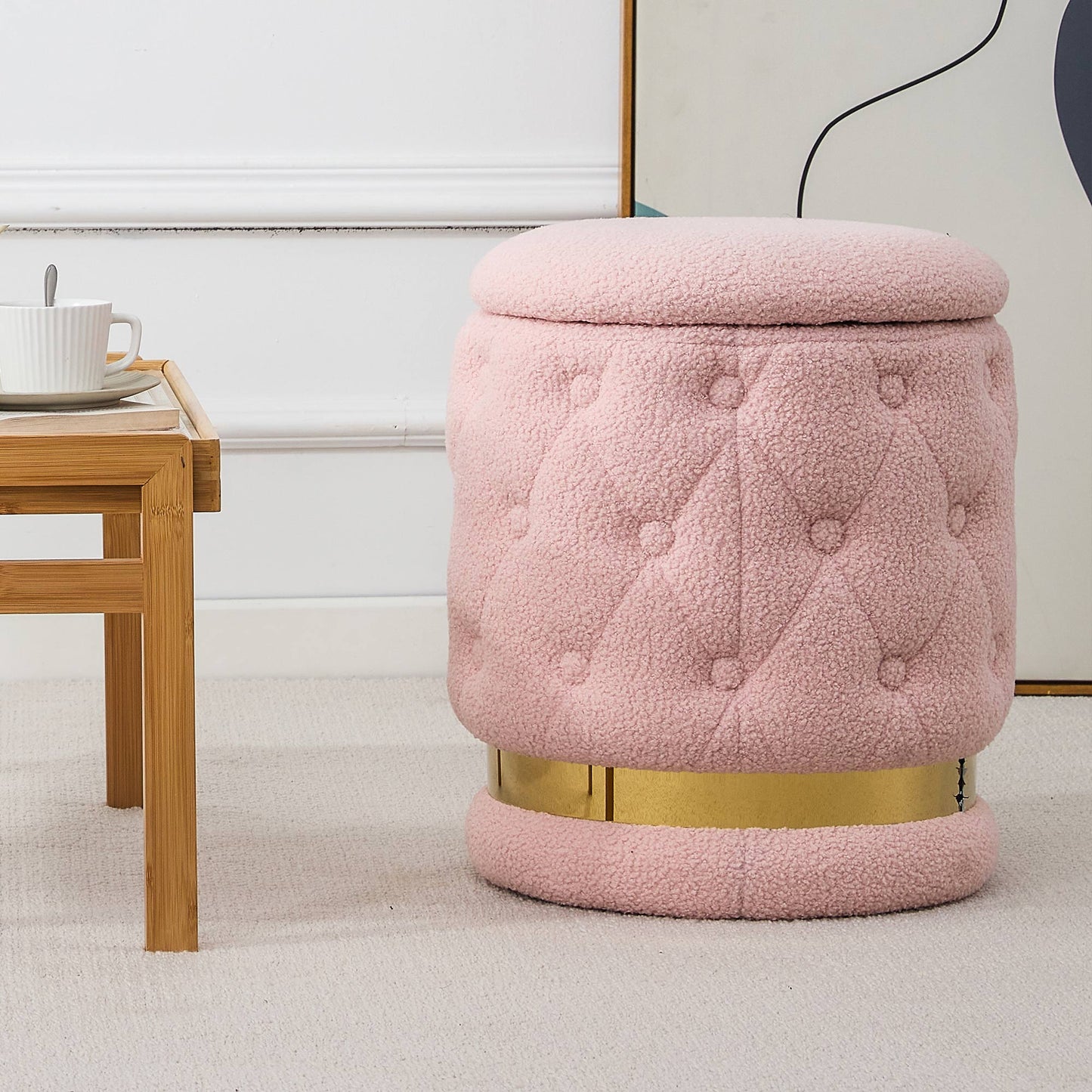 Chair Pink Round-shape Teddy velvet Makeup Stool Footstool, chair with storage space .Applicable to living room dresser kitchen bedroom dining room