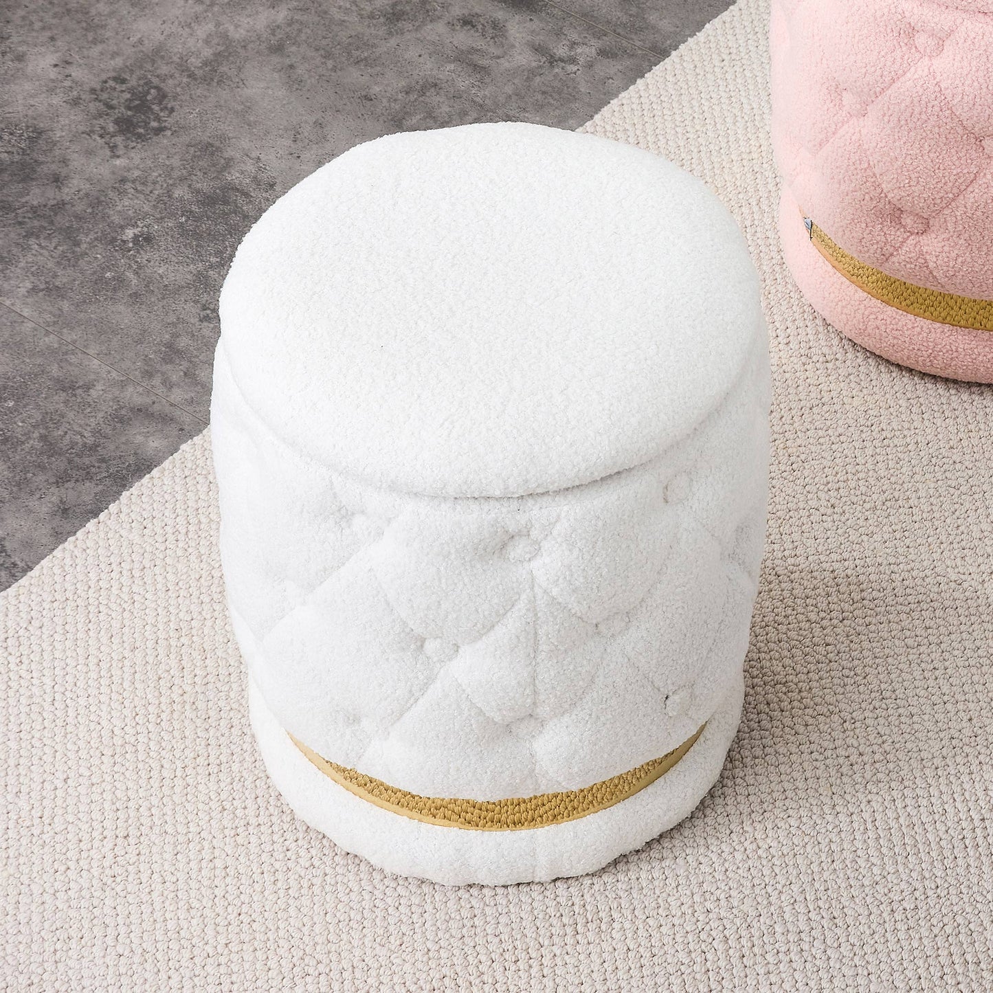 Chair White Round-shape Teddy velvet Makeup Stool Footstool, chair with storage space .Applicable to living room dresser kitchen bedroom dining room