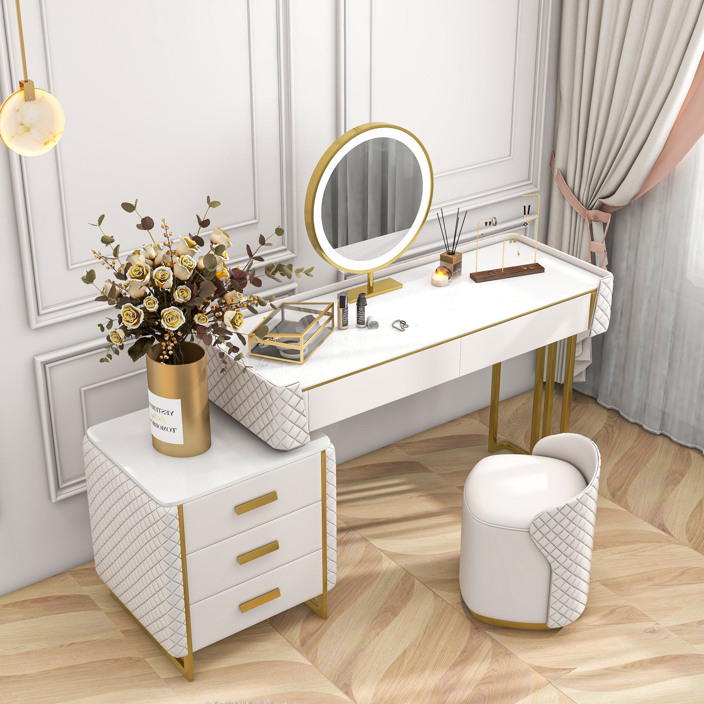 Makeup Vanity Set with LED Lighted Mirror, 5 Drawers, Modern Dressing Table Sintered Stone, Stool, For Bedroom,31.49&#039;&#039;