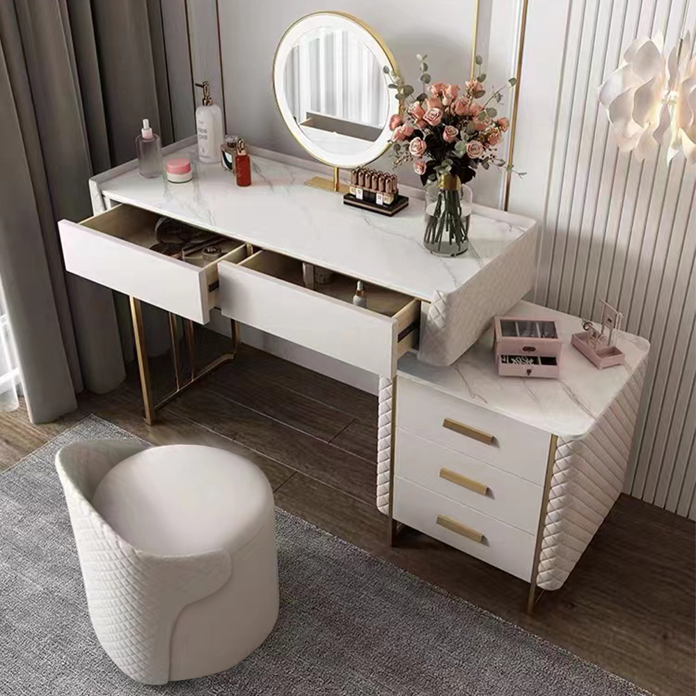 Makeup Vanity Set with LED Lighted Mirror, 5 Drawers, Modern Dressing Table Sintered Stone, Stool, For Bedroom,31.49&#039;&#039;