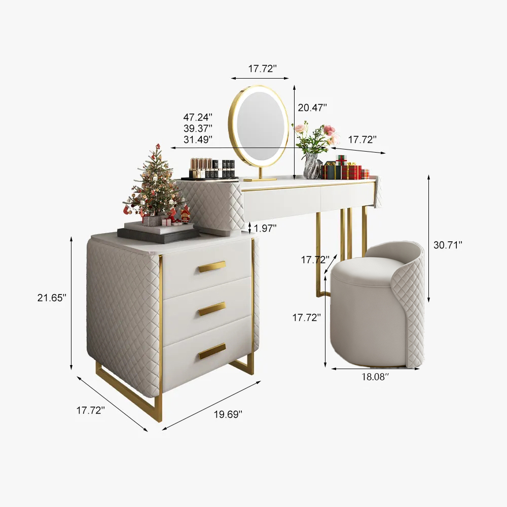 Makeup Vanity Set with LED Lighted Mirror, 5 Drawers, Modern Dressing Table Sintered Stone, Stool, For Bedroom,31.49&#039;&#039;