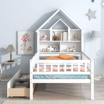 Twin Size House-Shaped Headboard Bed with Fence Guardrails and Drawers ,White