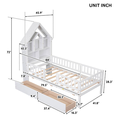 Twin Size House-Shaped Headboard Bed with Fence Guardrails and Drawers ,White