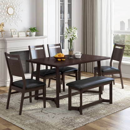 TOPMAX Farmhouse 6-Piece Wood Dining Table Set with 4 Upholstered Chairs and Bench, Dark Brown