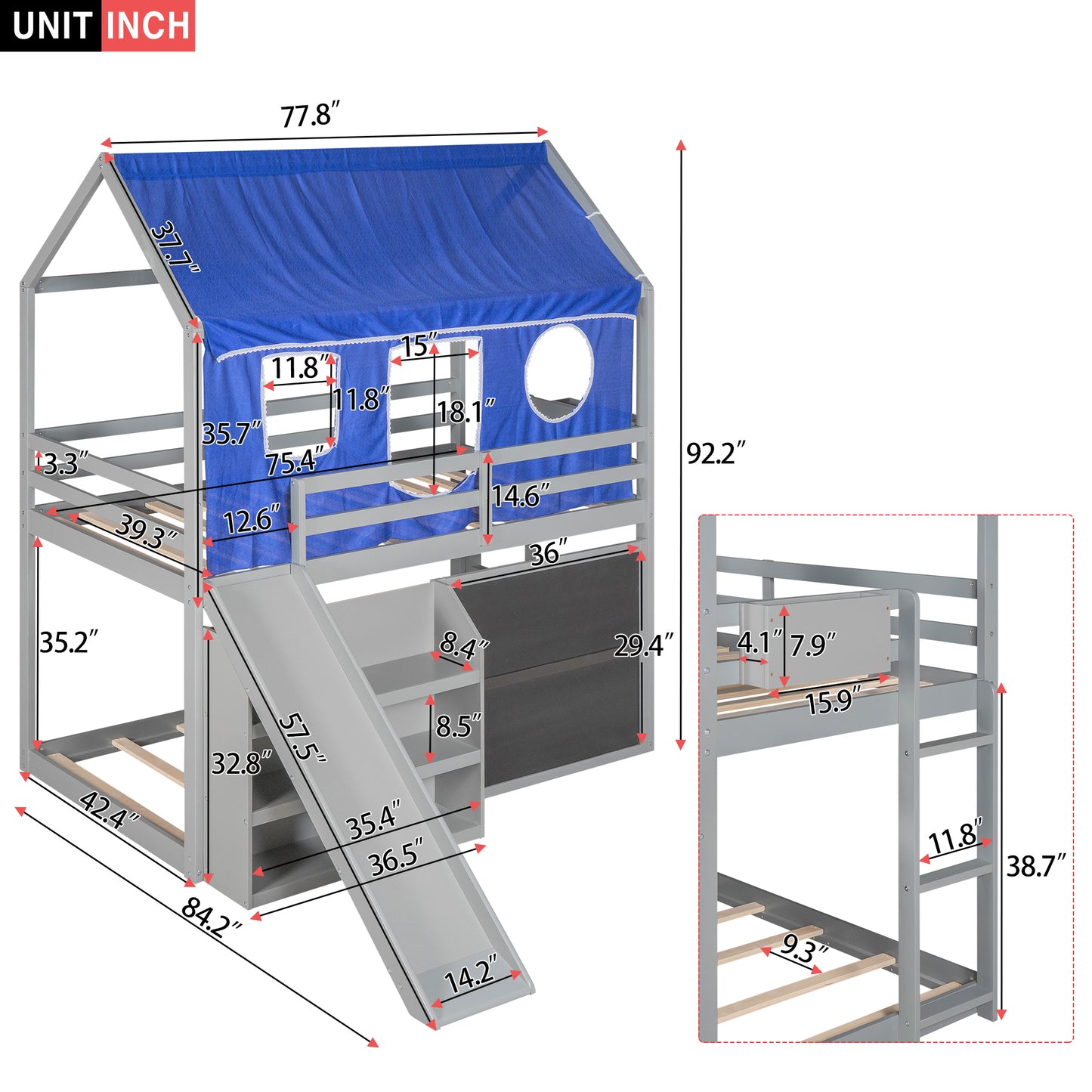 Twin over Twin House Bunk Bed with Blue Tent, Slide, Shelves and Blackboard, Gray