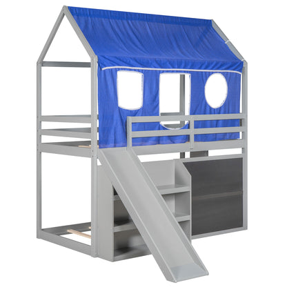 Twin over Twin House Bunk Bed with Blue Tent, Slide, Shelves and Blackboard, Gray