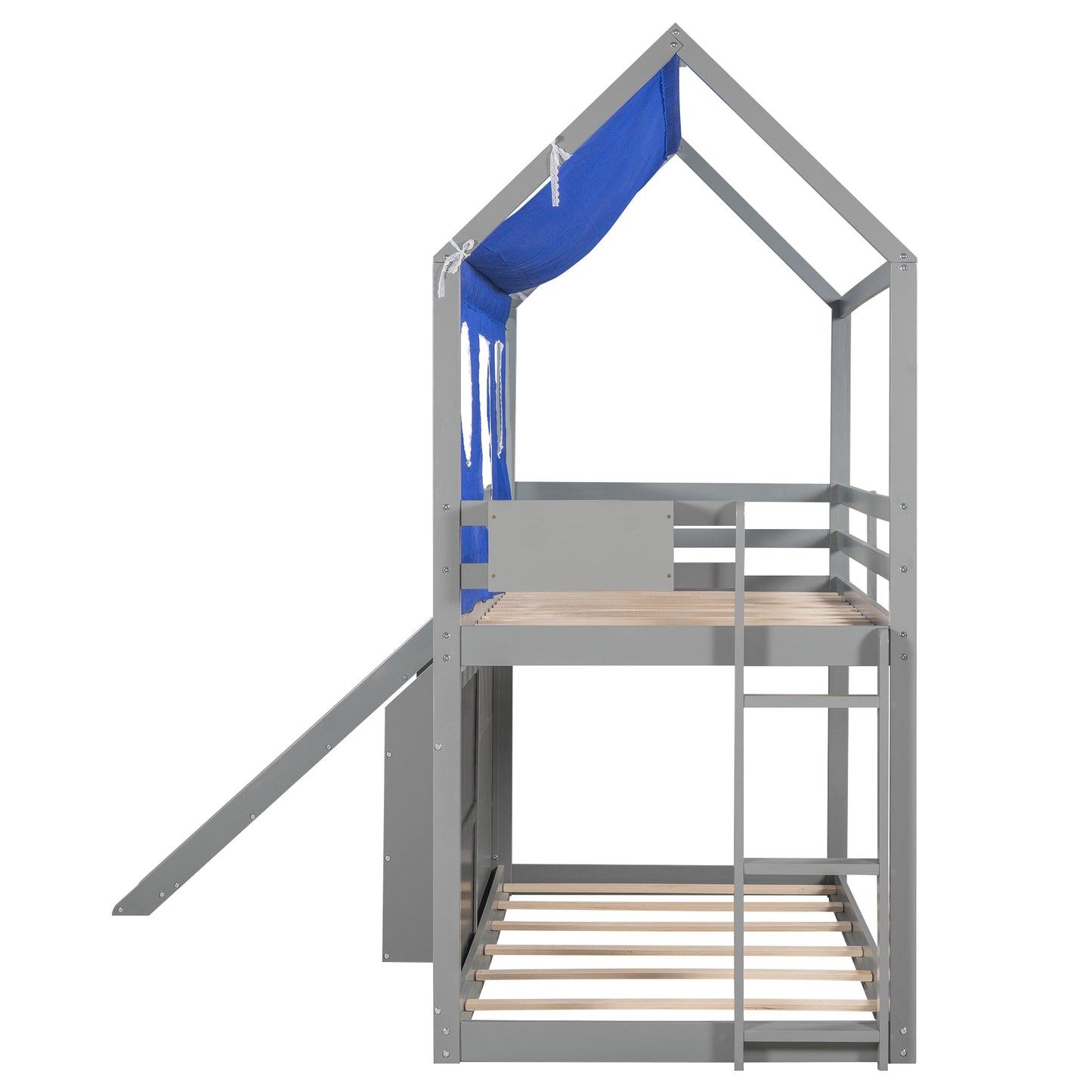 Twin over Twin House Bunk Bed with Blue Tent, Slide, Shelves and Blackboard, Gray