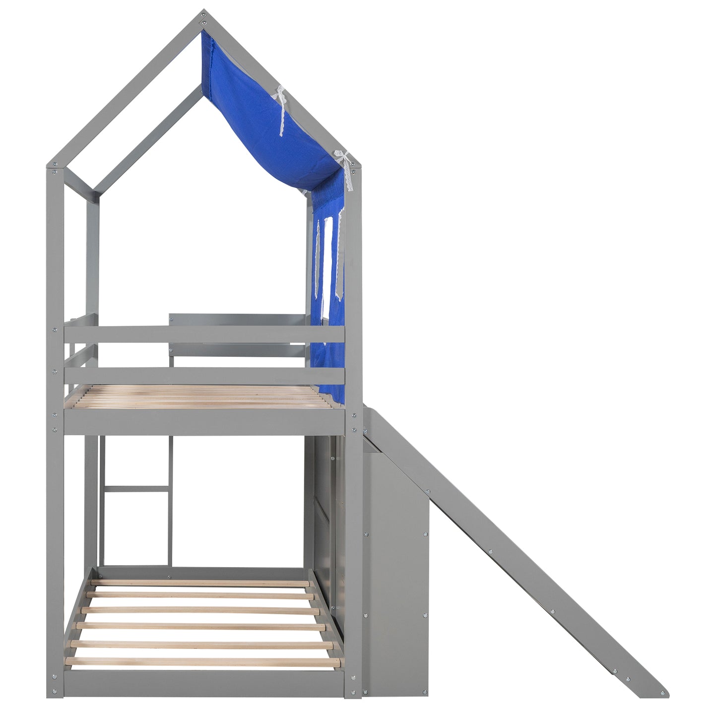 Twin over Twin House Bunk Bed with Blue Tent, Slide, Shelves and Blackboard, Gray