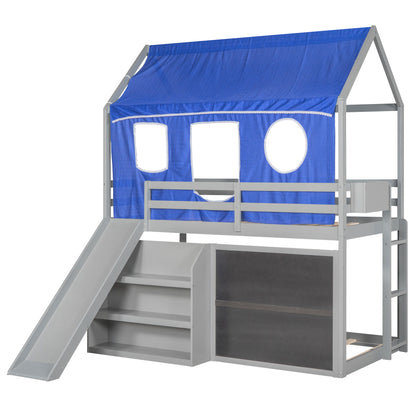 Twin over Twin House Bunk Bed with Blue Tent, Slide, Shelves and Blackboard, Gray