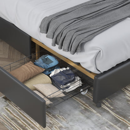 Black, King-size bed. Classic buckle backrest, metal frame, solid wood ribs, with four storage drawers, sponge soft bag, comfortable and elegant atmosphere.