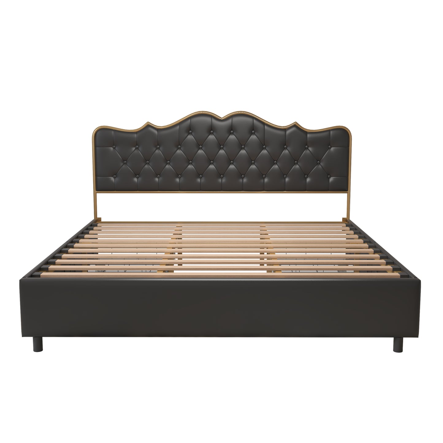 Black, King-size bed. Classic buckle backrest, metal frame, solid wood ribs, with four storage drawers, sponge soft bag, comfortable and elegant atmosphere.