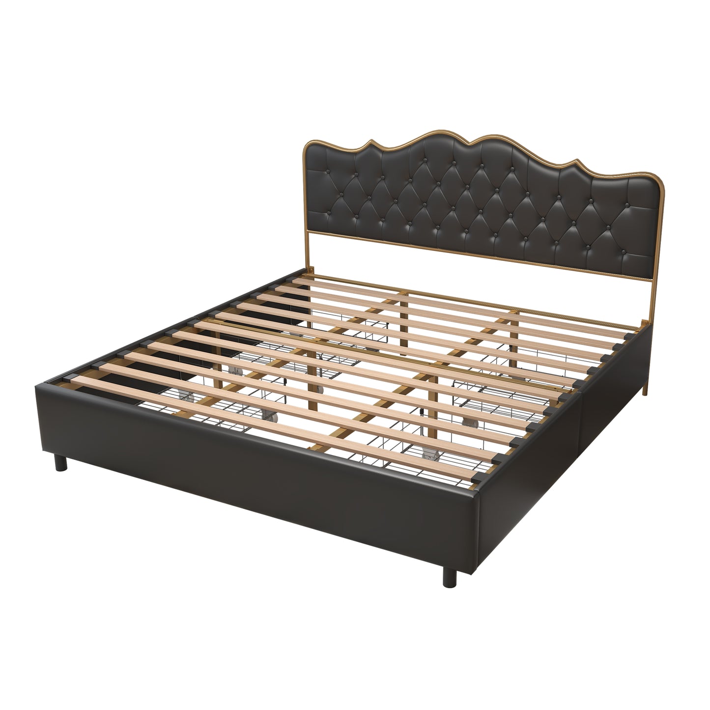 Black, King-size bed. Classic buckle backrest, metal frame, solid wood ribs, with four storage drawers, sponge soft bag, comfortable and elegant atmosphere.