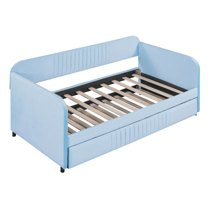 Upholstered Daybed Sofa Bed Twin Size With Trundle Bed and Wood Slat, Light Blue