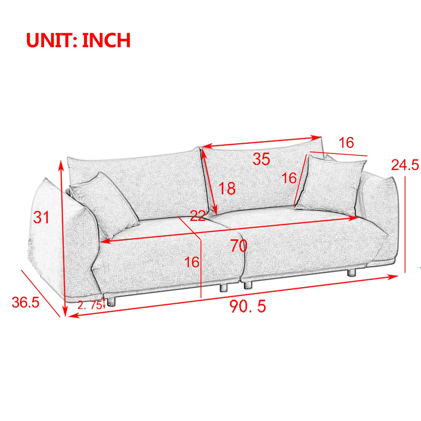 90.5&#039;&#039; Modern Couch for Living Room Sofa,Solid Wood Frame and Stable Metal Legs, 2 Pillows, Sofa Furniture for Apartment