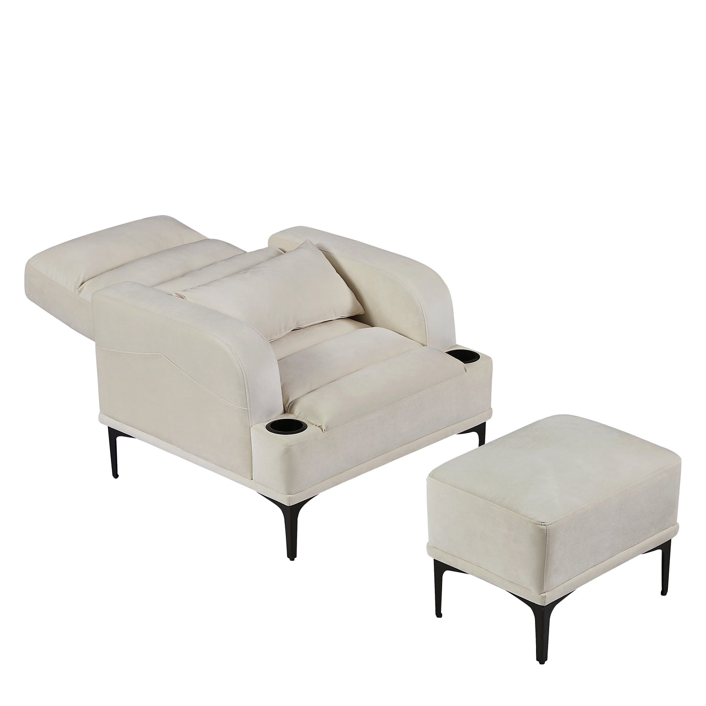 Accent Chairs with Ottoman, Velvet Fabric Armchair with Ottoman for Bedroom Living Room, Modern Chair with cup holder, Adjustable Backrest and Side Pockets.