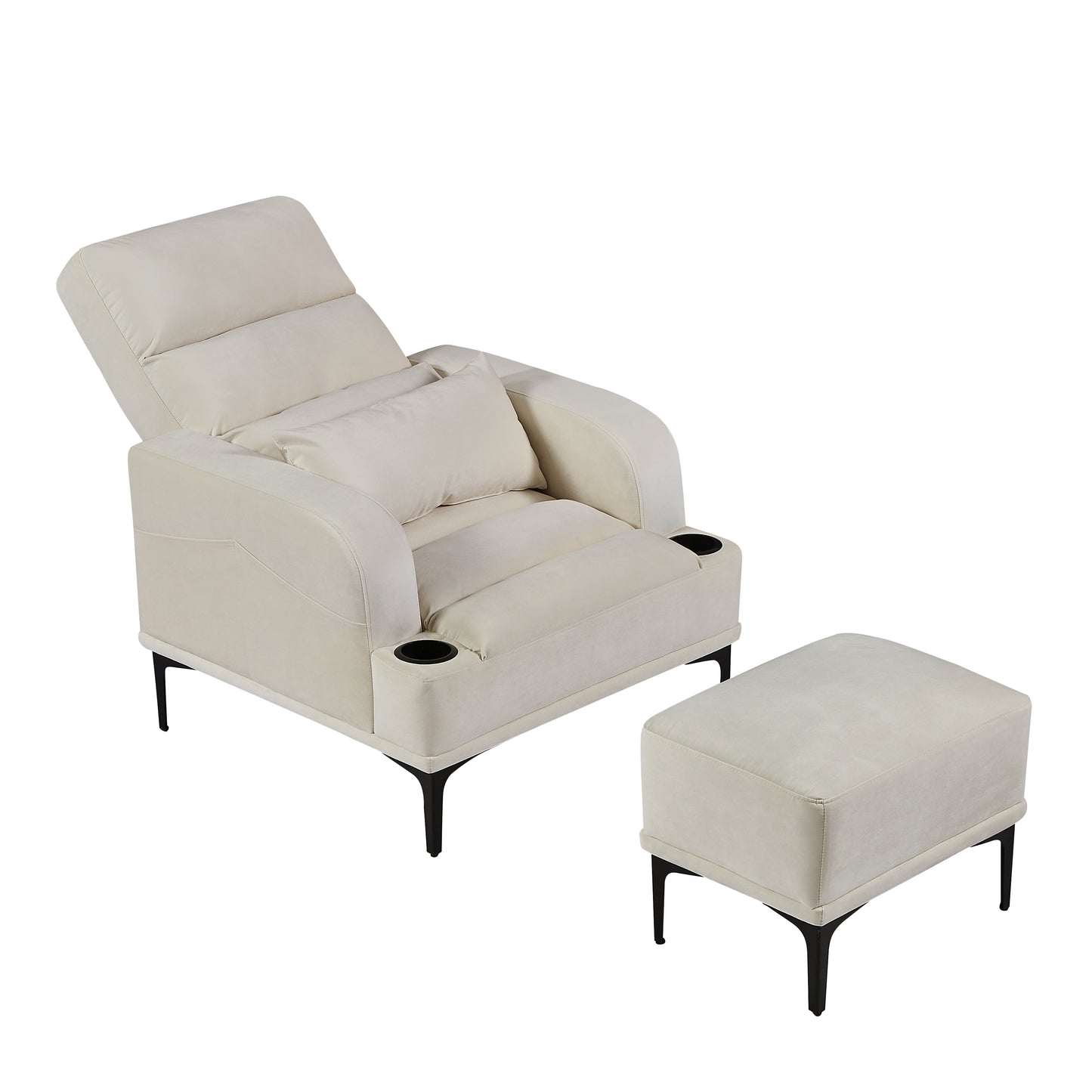 Accent Chairs with Ottoman, Velvet Fabric Armchair with Ottoman for Bedroom Living Room, Modern Chair with cup holder, Adjustable Backrest and Side Pockets.