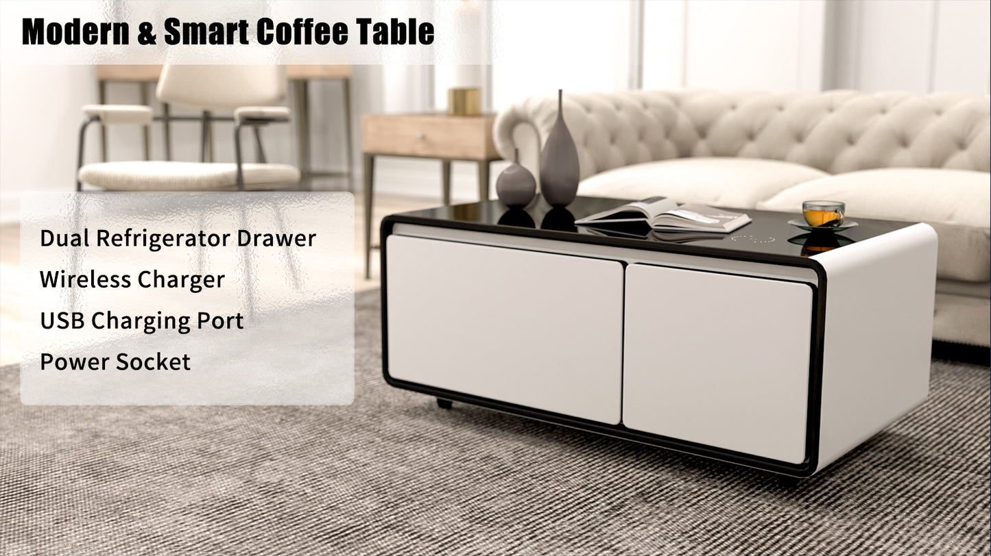 Modern Smart Coffee Table with Built in Fridge, Outlet Protection,Wireless Charging, Mechanical Temperature Control, Power Socket, USB Interface and Ice Water Interface, White