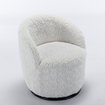 A&amp;A Furniture,Artificial Rabbit Hair Fabric Swivel Accent Armchair Barrel Chair With Black Powder Coating Metal Ring,360° swivel feature make this modern armchair,Ivory White