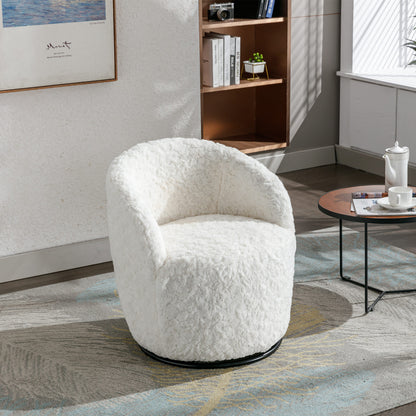 A&amp;A Furniture,Artificial Rabbit Hair Fabric Swivel Accent Armchair Barrel Chair With Black Powder Coating Metal Ring,360° swivel feature make this modern armchair,Ivory White