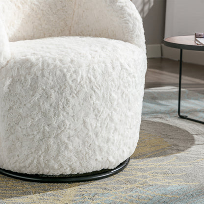 A&amp;A Furniture,Artificial Rabbit Hair Fabric Swivel Accent Armchair Barrel Chair With Black Powder Coating Metal Ring,360° swivel feature make this modern armchair,Ivory White