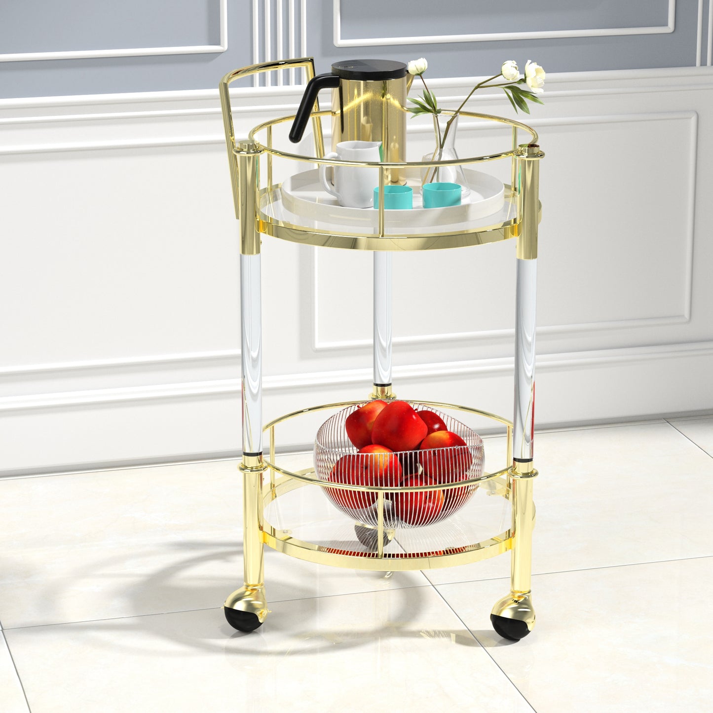 Stainless Steel And Acrylic Mobile Bar Cart Serving Wine Cart with Wheels, 2-tier Metal Frame Elegant Wine Storage for Kitchen, Party, Dining Room and Living Room, Gold TC-16