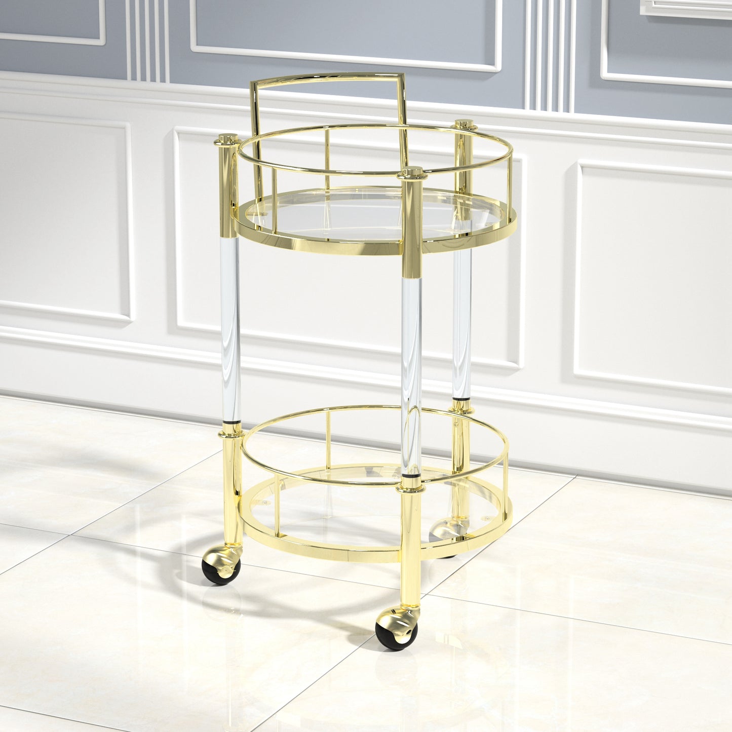 Stainless Steel And Acrylic Mobile Bar Cart Serving Wine Cart with Wheels, 2-tier Metal Frame Elegant Wine Storage for Kitchen, Party, Dining Room and Living Room, Gold TC-16