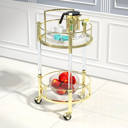 Stainless Steel And Acrylic Mobile Bar Cart Serving Wine Cart with Wheels, 2-tier Metal Frame Elegant Wine Storage for Kitchen, Party, Dining Room and Living Room, Gold TC-16