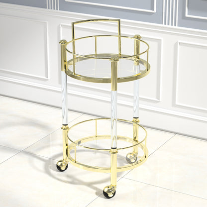 Stainless Steel And Acrylic Mobile Bar Cart Serving Wine Cart with Wheels, 2-tier Metal Frame Elegant Wine Storage for Kitchen, Party, Dining Room and Living Room, Gold TC-16