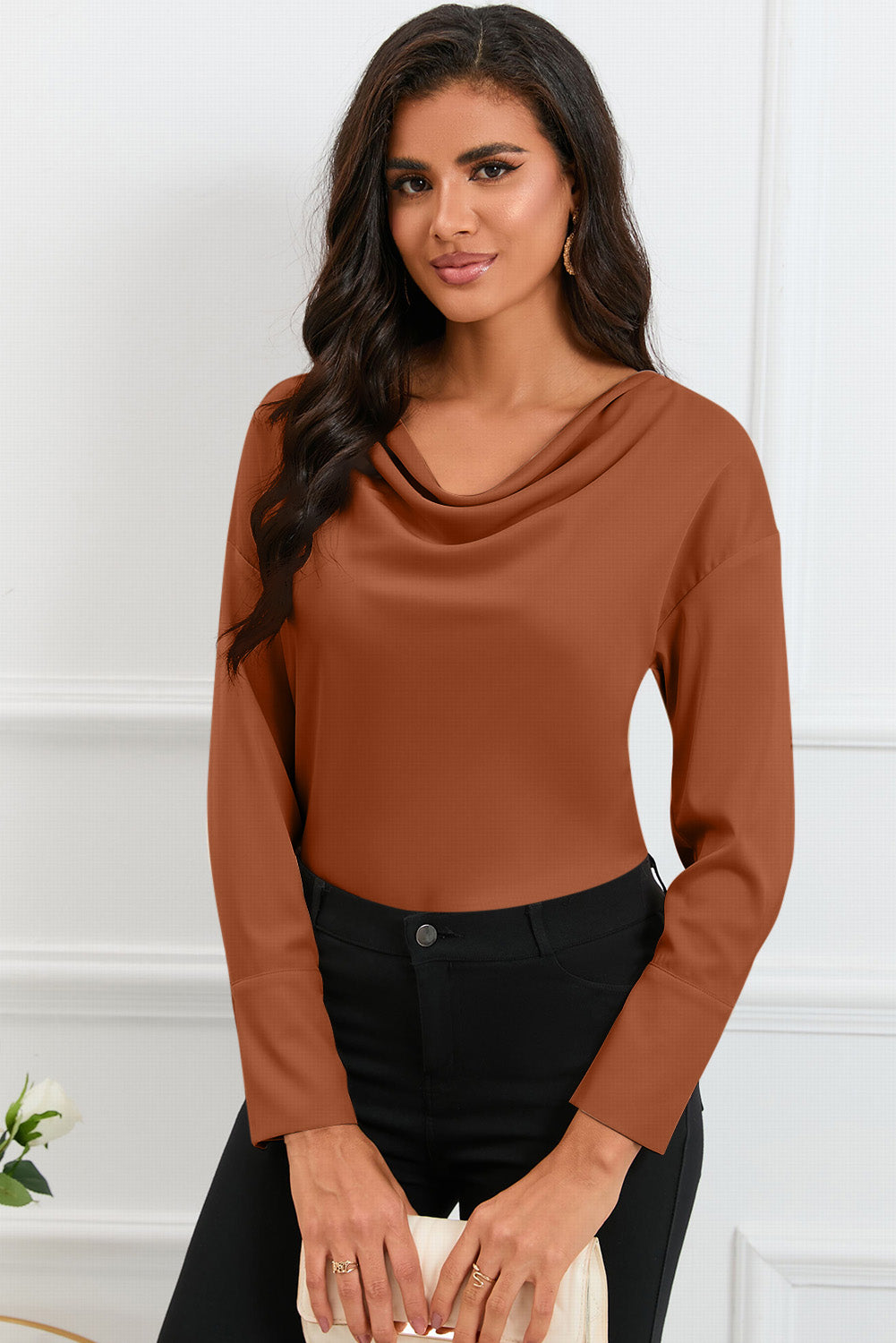 Cowl Neck Dropped Shoulder Long Sleeve Back Tie Blouse