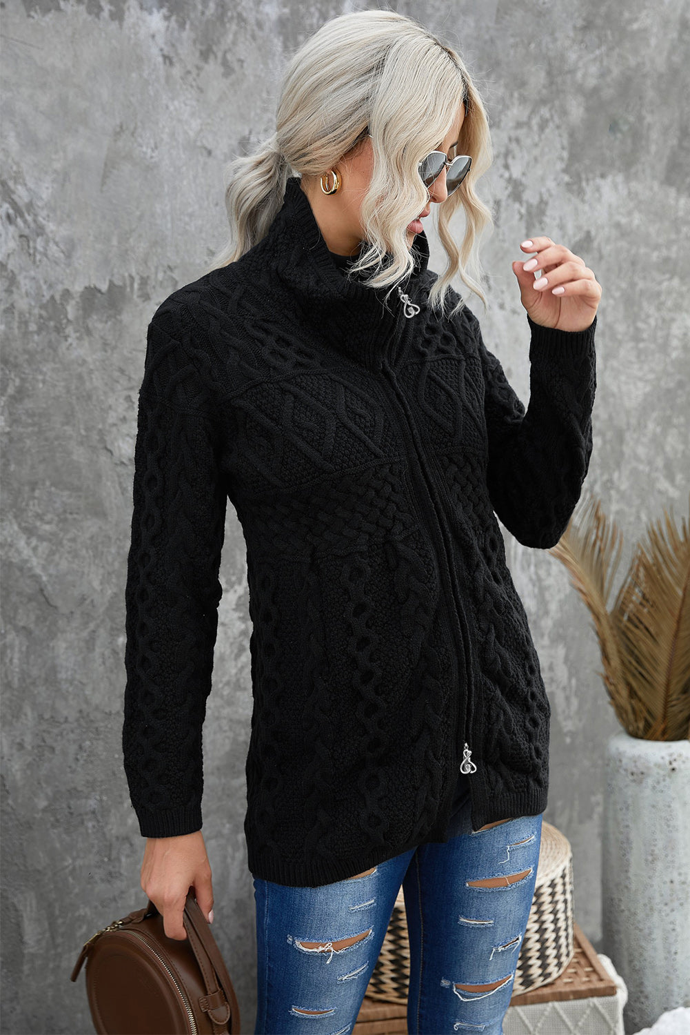 Zip-Up Open Front Knitted Sweater Kiwidrop