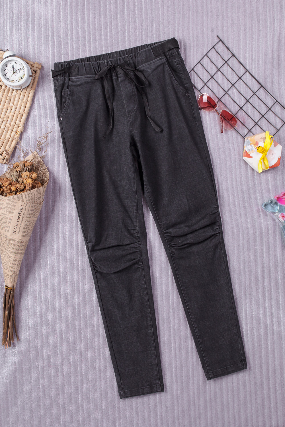 Gray Drawstring High Waist Skinny Pants Kiwidrop