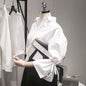 Spring Korean version of the loose V, front, long white shirt lanterns trumpet sleeve strap shirt DropShipMan