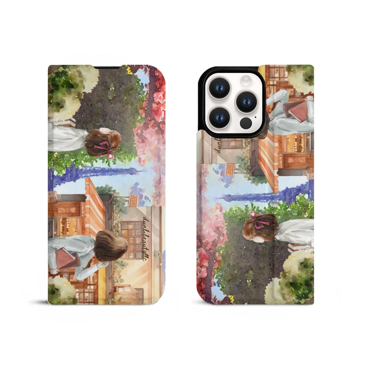 Phone14 Flip Phone Case (Triple Camera)｜ PU - Paris, France, Eiffel Tower, Watercolor, Girls, Notebook, Café, View, Day, Clouds, Cute (Designed by Dunbi)