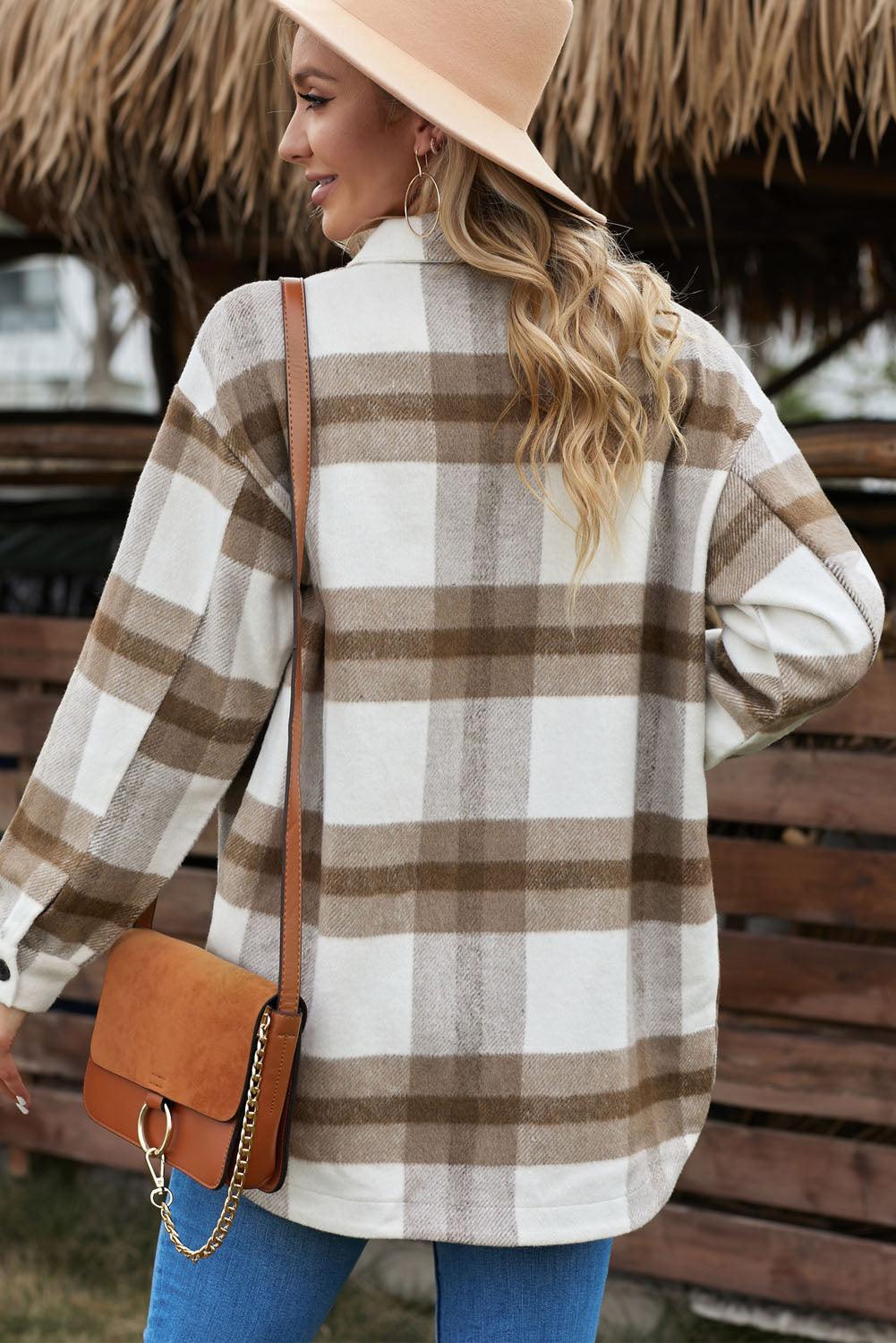 Plaid Dropped Shoulder Pocket Shacket Trendsi