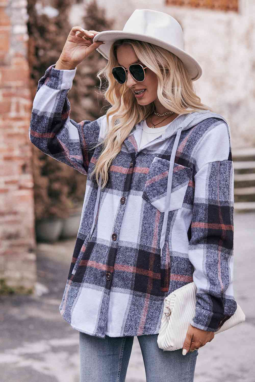 Plaid Dropped Shoulder Hooded Jacket