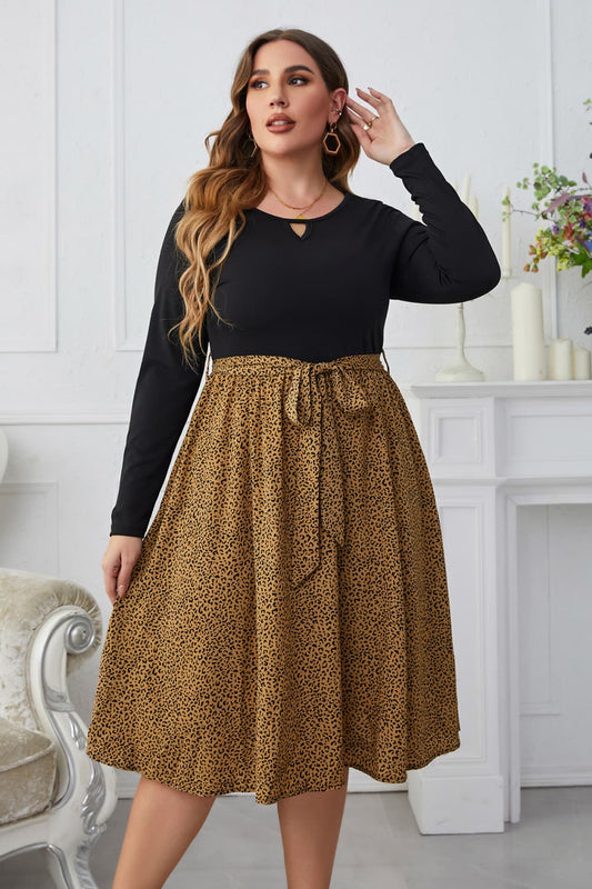 Plus Size Leopard Long Sleeve Round Neck Dress