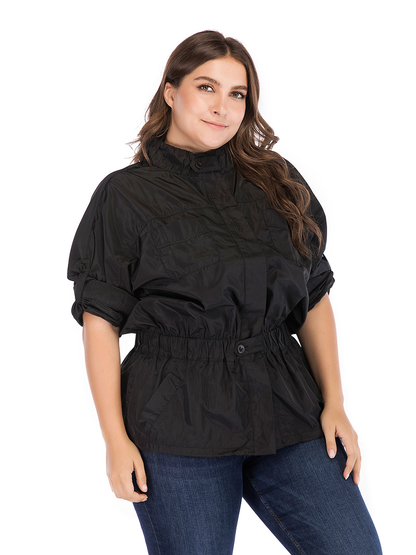 Plus Size Mock Neck Single-Breasted Cinched Waist Jacket Kiwidrop