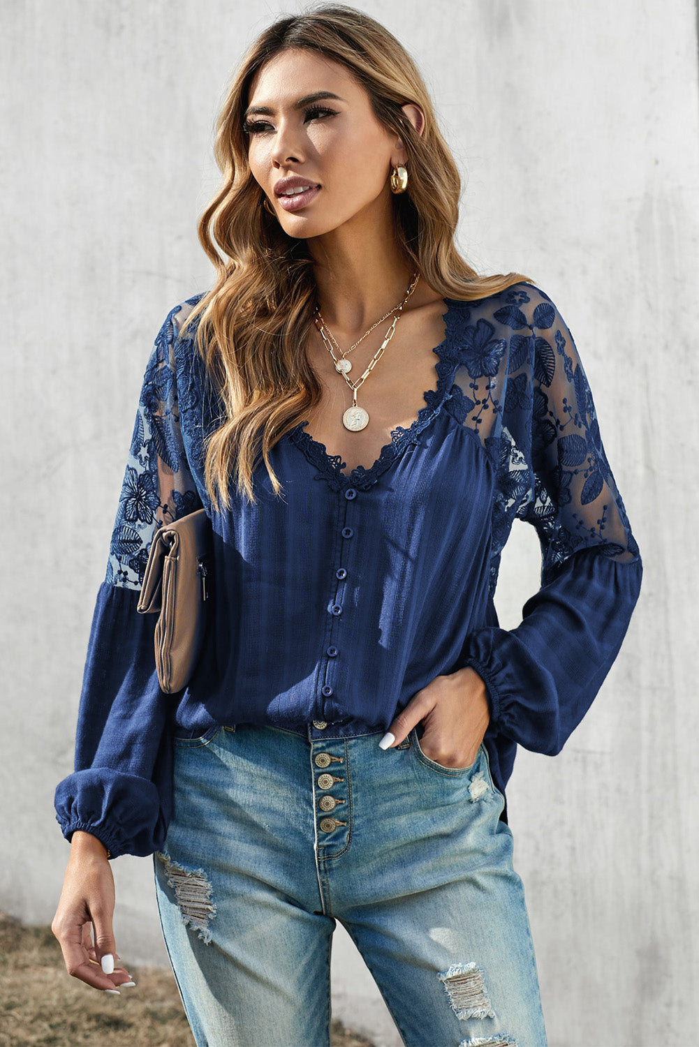 V Neckline Lace Shoulder Patchwork Blouse Kiwidrop